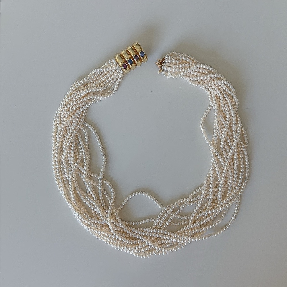 Vintage Real Freshwater Pearl Twisted Necklace with Gold & Multicolor Gem Clasp